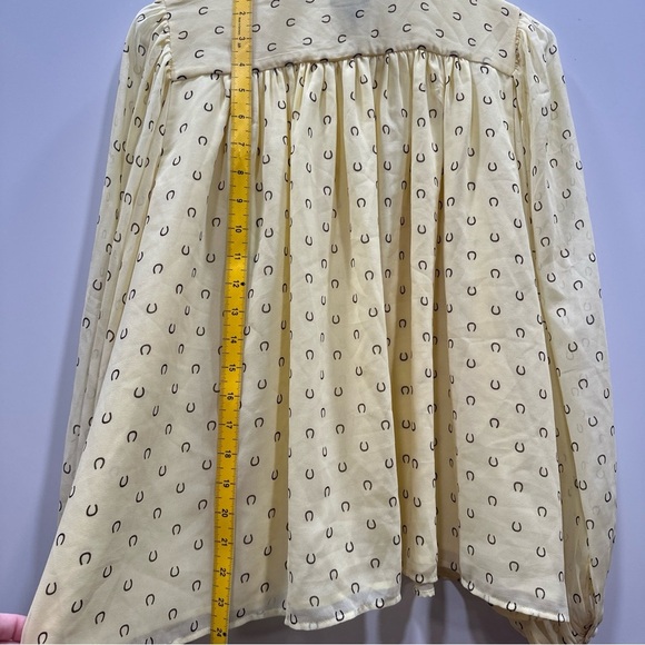 Ann Taylor Horseshoe V-Yoke Tie Neck Hidden Button Blouse Yellow S Equastrian - Picture 10 of 11